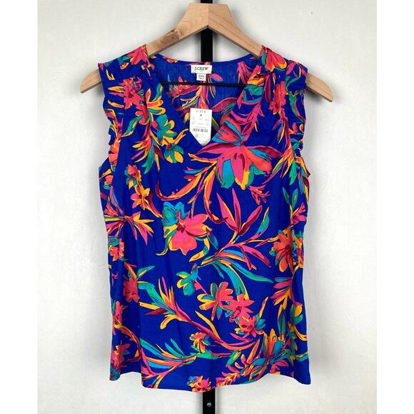 J. Crew Factory Sleeveless Floral Ruffle Top Size XXS Colorful Art to Wear NWT - Picture 1 of 12